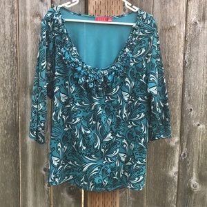 Top with ruffled neck & 3/4 sleeves. Body lined